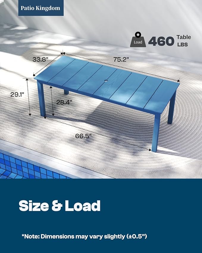 7-Piece Outdoor Dining Set for 6, 75.2" HDPE Patio Table with Umbrella Hole & 6 Chairs, Weather-Resistant Wood-Look Patio Furniture for Garden, Lawn, Deck, or Poolside (Navy Blue)