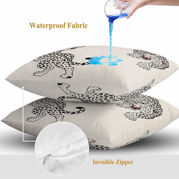 Vandarllin Outdoor Throw Pillows Covers 20x20 inch Set of 2 Waterproof Linen Leopard Decorative Zippered Cushion Covers for Patio Furniture, Bohemian Animal Print Lumbar Pillowcases