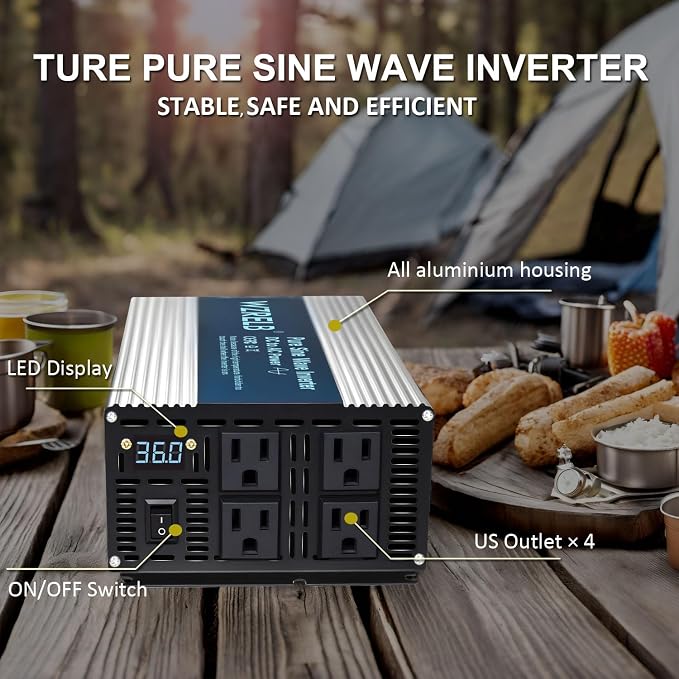 WZRELB 1800W Pure Sine Wave Inverter 36V DC to 110V 120V AC Power Converter with LED Display, Remote Controller, Off-Grid Power Inverter 3600W Surge with 4 AC Outlets,for Home, RV, Truck, Camping