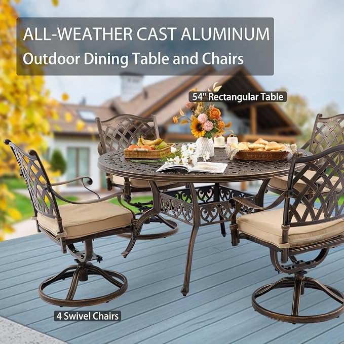 5-Pcs Cast Aluminum Patio Dining Set with 4 Swivel Chairs,Bronze | Outdoor Furniture Set Include 54" Round Dining Table and 4 Swivel Chairs with Cushions & Umbrella Hole