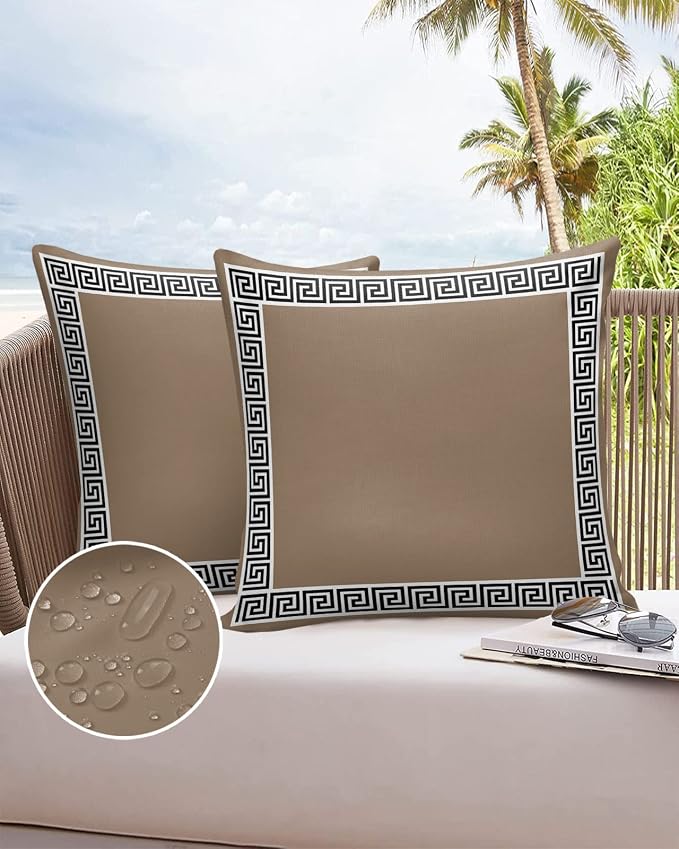 Prime Leader Outdoor Waterproof Pillow Covers Set of 2, Chinese Style Pattern Brown Background Patio Throw Pillow Covers, Decorative Cushion Case for Couch Sofa Furniture Garden, 16x16 Inch