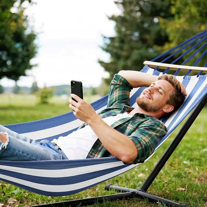 MOSFiATA Hammocks Portable Camping Hammock Upgraded 550lb Comfortable Fabric Hammock with Two Anti Roll Balance Beam and Sturdy Metal Knot Tree Straps for Camping, Patio, Backyard, Outdoor(Blue White)
