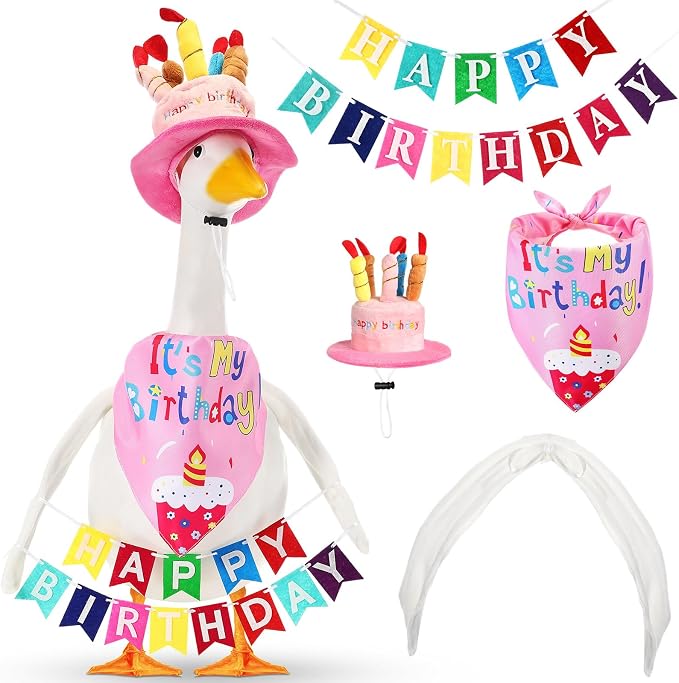 Abbylike 4 Pcs Happy Birthday Porch Goose Outfit for 23" Statues Poseable Porch Goose Wings Birthday Cake Hat for Lawn Patio Outdoor Geese Statue Decoration Accessories (Pink,Bib Style)