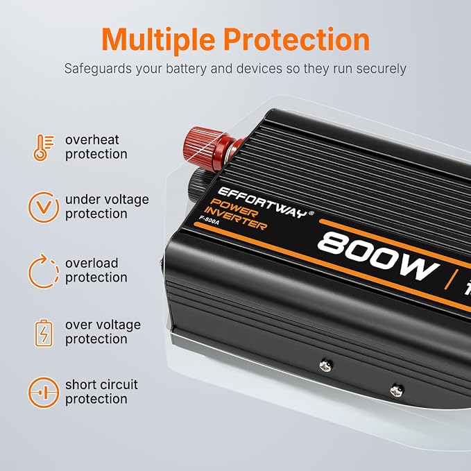 800W Power Inverter, Inverter 12V to 110V with 2 AC Outlets, 2.1A USB Port, Car Power Inverter with Alligator Battery Clamp for Phone, Laptop on Camping, Road Trip