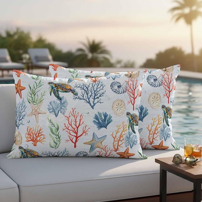 Summer Ocean Outdoor Waterproof Pillow Covers Pack of 2, Blue Nautical Sea Turtles Shells Corals Starfish Decorative Throw Pillowcases Cushion Covers for Garden Patio Tent Sofa Couch, 20x12 inch
