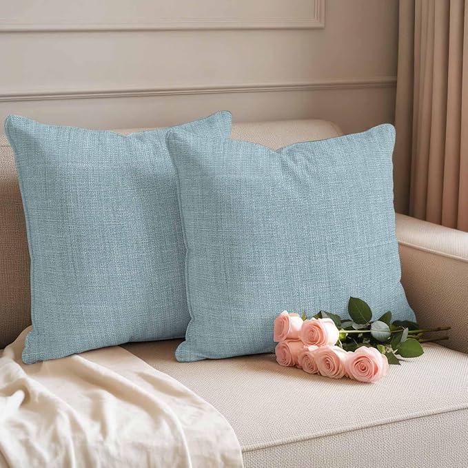 Outdoor Waterproof Throw Pillow Covers Set of 2 Blue Linen Pillowcases 16x16 Inches Farmhouse Pure Color Decorative Pillows Cushion Case Patio Pillows for Couch Bed Chair Garden