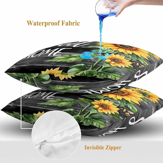 Throw Pillow Covers 24x24 Inch Set of 2, Spring Sunflowers Waterproof Outdoor Pillow Covers, Black Wooden Grain Country Farm Decorative Cushion Pillowcases for Couch, Sofa, Bed, Garden, Patio