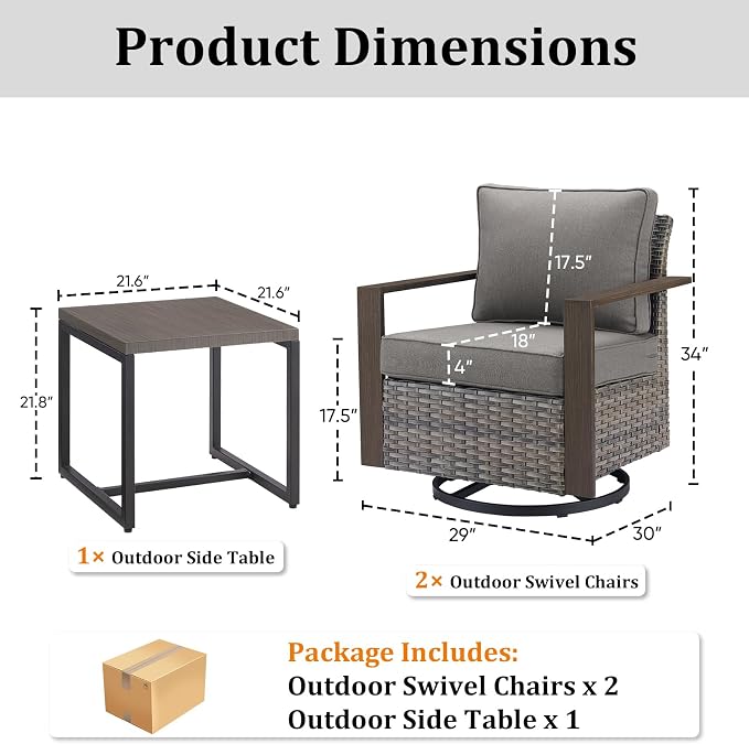Outdoor Swivel Rocker Patio Chairs Set of 3, High Back Swivel Patio Chairs with Side Table & Metal Arm, Wicker Outdoor Bistro Set for Porch, Yard, Deck, Poolside, Grey/Grey