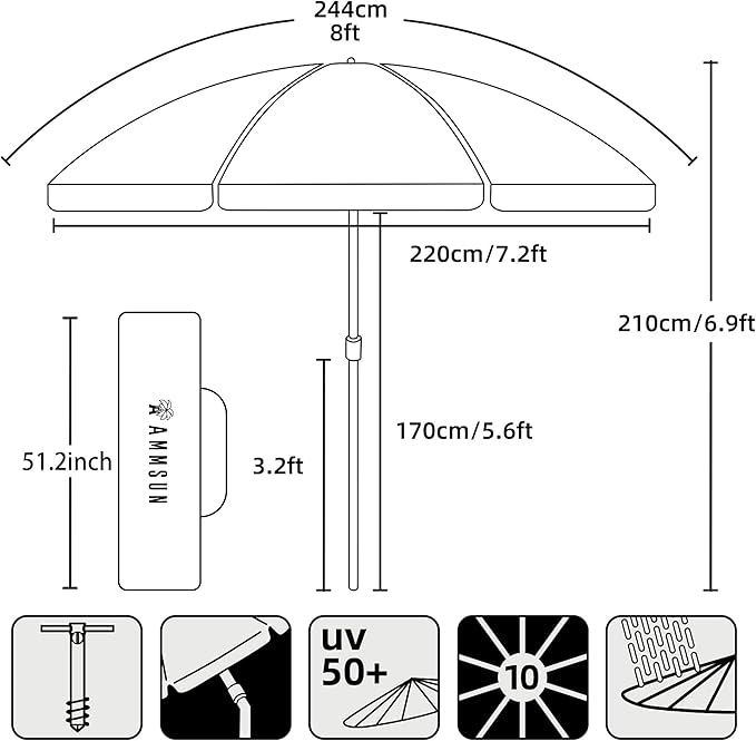 AMMSUN 8 Feet Large Beach Umbrella with Sand Anchor Heavy Duty High Wind Portable Outdoor Umbrellas UV 50+ Protection Air Vent Tilt Patio Garden Pool