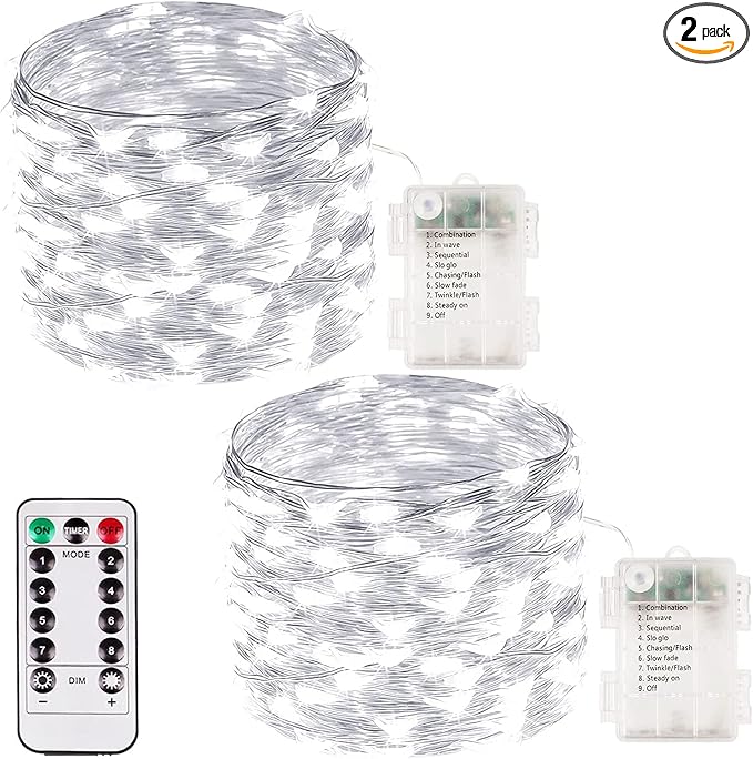 2 Pack Fairy Lights Battery Operated with Remote 33FT 100 LED Cool White | Remote Control, 8 Modes, Timer, Adjustable brightness, Waterproof Lights for Indoor Outdoor Classroom Christmas Decor