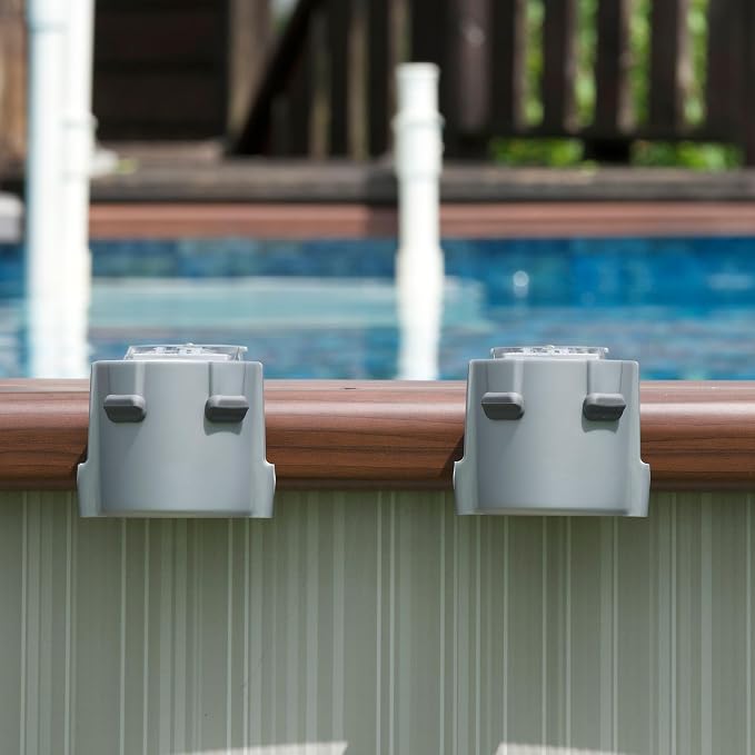 2-Pack Poolside Cup Holders for Square-Top Above Ground Pools, Adjustable Fit for Wide Edges, Non-Slip Silicone Grips, Fits Tumblers & Drink Bottles, Use on Deck, Boat & Patio, Silver Grey