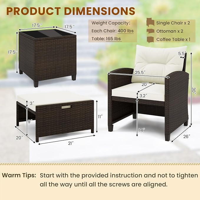ORALNER 5 Pieces Patio Furniture Set with Ottoman, Wicker Conversation Set w/Cushions, Glass Coffee Table, Outdoor Rattan Lounger Chairs Bistro Set for Porch Balcony Garden Deck Poolside (Cream White)