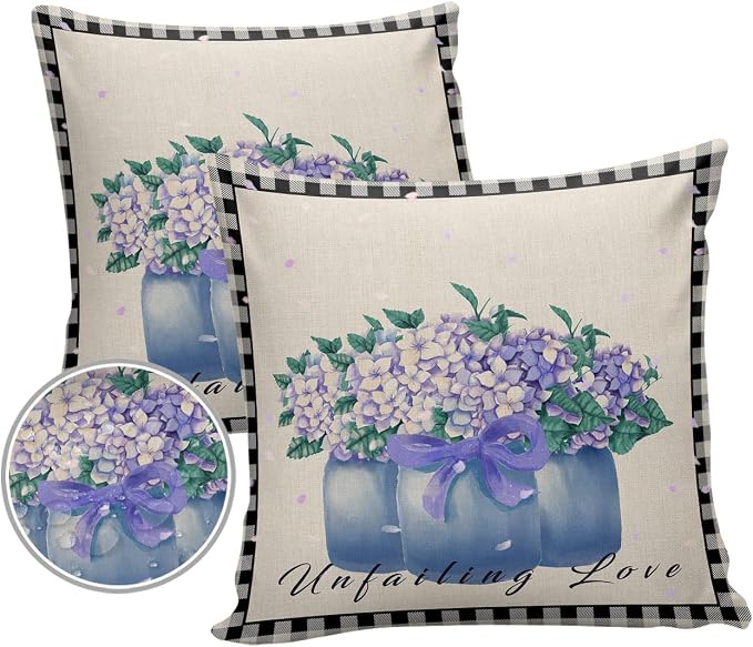 Hydrangea Outdoor Pillow Shams Set of 2, Decorative Pillowcases Cushion Case, Soft Throw Pillow Covers Waterproof Pillow Case 24x24 Inch, Purple Flowers in Jar Black Plaid Unfailing Love