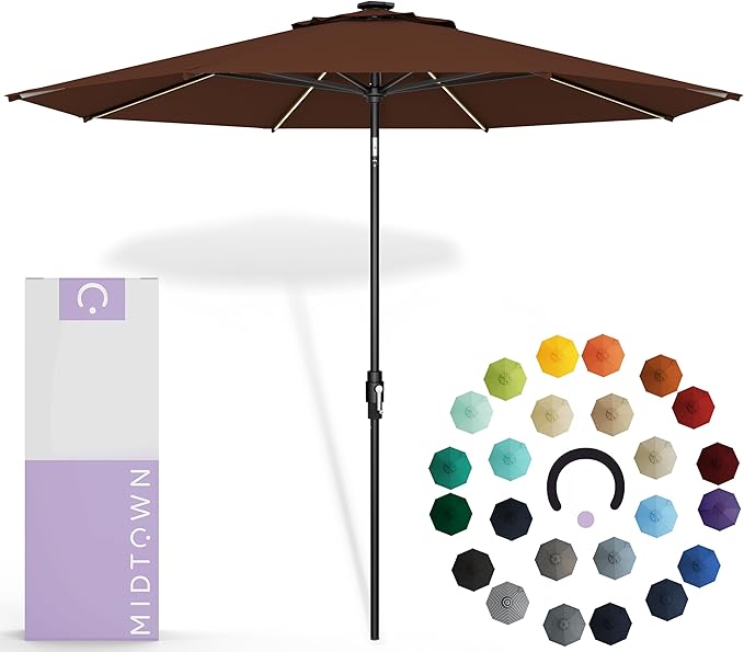Midtown Umbrellas Led Swilt Sunbrella Umbrella 9 Ft Patio Umbrella With Sunbrella Bay Brown Acrylic Fabric - Deck Patio Umbrella, Backyard Umbrella, Garden Umbrella & Pool Umbrella - Black Pole