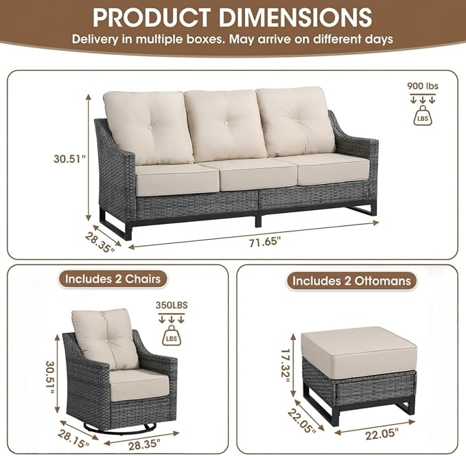 6-Piece Outdoor Patio Furniture Set, Grey Wicker Conversation Set with Sofa, 2 Swivel Chairs, 2 Ottomans and Rectangular 60,000 BTU Fire Pit Table, Beige Cushions
