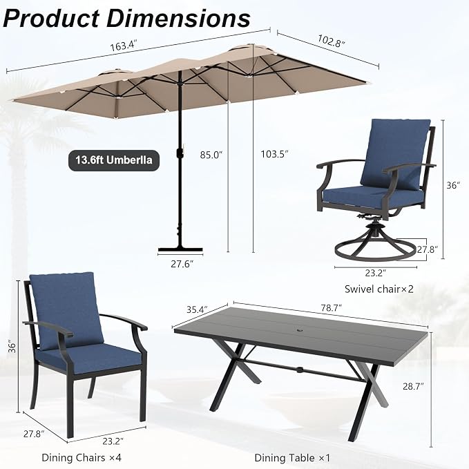 8 Pieces Patio Dining Set with Brown Umbrella,Outdoor Furniture Set Includes Hole Cut-Out Table and 4 Metal Backrest Chairs and 2 Swivel Chairs for Backyard,Garden,Poolside,Brown