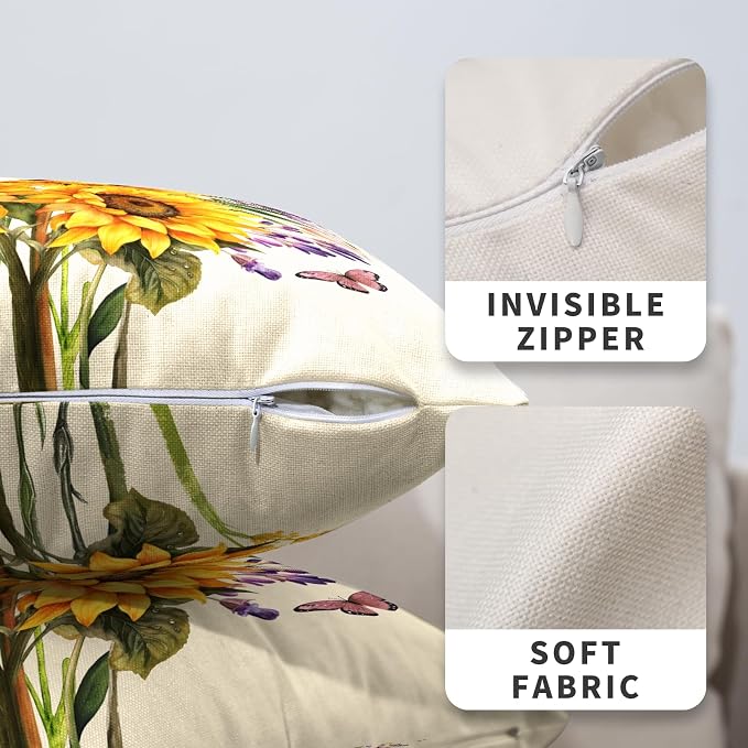 Butterfly Sunflower Pillow Covers Purple Lavender Flower Throw Pillow Covers 16x16 Spring Summer Iris Tulip Pillow Cases Retro Rustic Floral Cushion Cases for Sofa Couch 2 Pack