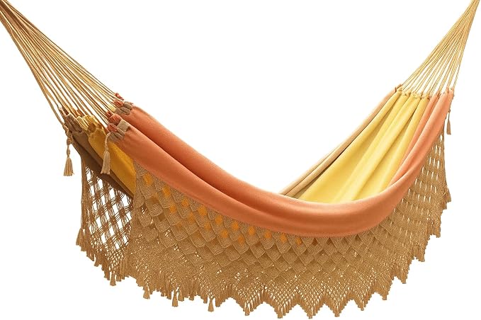 Handmade Brazilian Macrame Hammock – Red, Yellow & Caramel Striped Cotton Hammocks – Indoor Boho Swing Bed – Decorative Hammock for Bedroom, Porch or Balcony