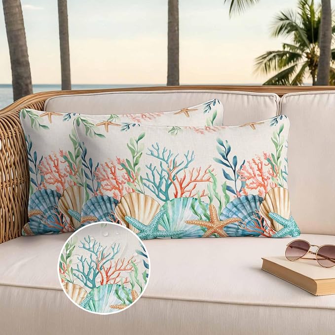 Lumbar Pillow Covers 20x12 Inch Set of 2, Summer Ocean Waterproof Outdoor Pillow Covers, Watercolor Coastal Coral Shell Seaweed Beige Decorative Cushion Pillowcases for Couch, Sofa, Bed, Garden, Patio