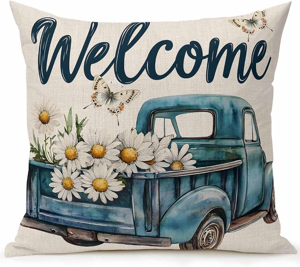 Outdoor Waterproof Throw Pillows Farm Blue Truck Daisy Flower Butterfly Patio Pillows,Decorative Pillow Covers with Insert,Pillow Cushion Case for Garden Couch Sofa Welcome Text on Burlap