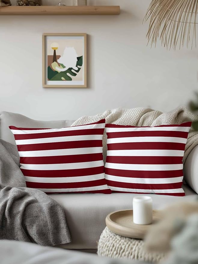 Waterproof Outdoor Pillow Set of 2 Burgundy Red Stripes Decorative Throw Pillows Cover & Insert 18x18 Inch Pillowcase Classic Striped Lines Pillows for Couch Sofa Bed Patio Furniture Indoor Outdoor