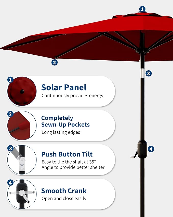 GarveeLife 10 ft Patio Umbrella with Solar Lights, 8 Ribs Outdoor Market Table Umbrella with 40 LED Lights & Tilt Crank for Pool, Deck, Backyard, Red
