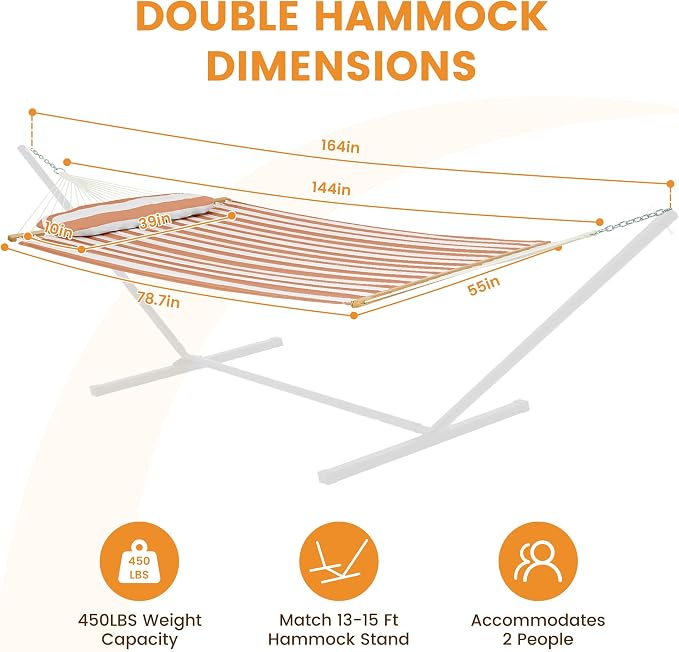 Lazy Daze 12 FT Quilted Double Hammock with Spreader Bar, 2-Person, Outdoor Hammock for Patio, Poolside, Backyard, Beach, 450 lbs Capacity, Beige White