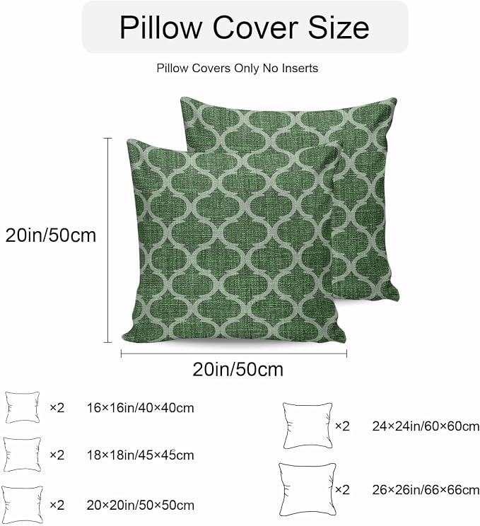 Dark Green Moroccan Outdoor Pillow Covers 18x18 Inch Throw Pillow Covers Set of 2 Waterproof Decorative Pillow Cases Middle Century Quatrefoil Plaid Art Cushion Covers for Patio Furniture Garden Couch