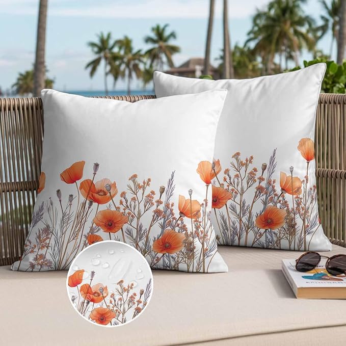 Minimalism Floral Outdoor Waterproof Throw Pillow Covers Set of 2, 26"x26", Red Plant Watercolor White Background Decorative Pillow Covers Outside Cushion Case for Patio Porch Garden