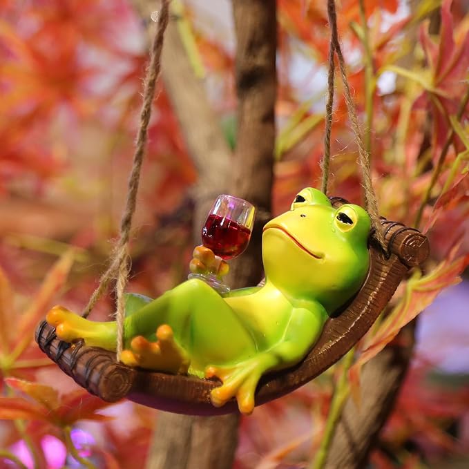 NINIPAPA Frog Garden Decor Outdoor Hanging Frog Wine Statue for Fall Yard Patio Party Decoration, Cute Swing Frog Decor Figurines, Gifts for Mom Dad on Birthday, Valentine's Day Housewarming