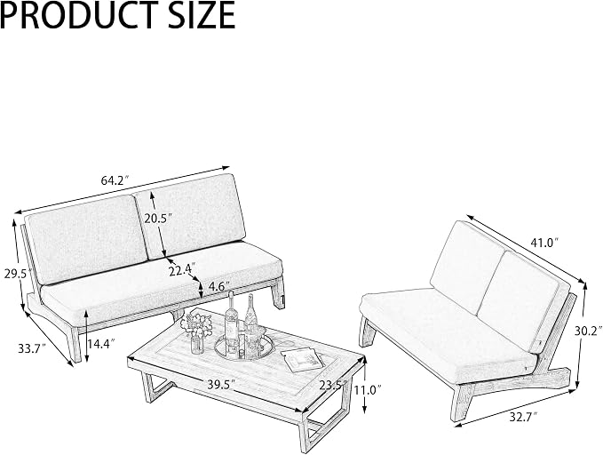 3 Piece Wood Outdoor Patio Frutnire Set, 5 Seater Patio Conversation Sets with Thick Cushions, Outdoor Sectional Furniture with Coffee Table - Beige