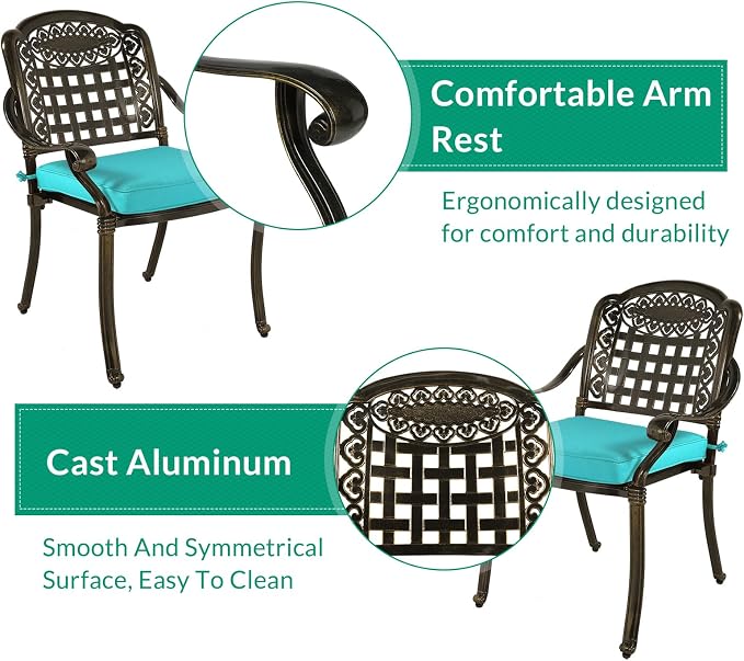 VIVIJASON 3-Piece Outdoor Patio Bistro Set, All-Weather Cast Aluminum Furniture Dining Sets Include 2 Cushioned Chairs and 35.4" Round Table w/Umbrella Hole for Balcony, Lawn, Ocean Blue Cushion