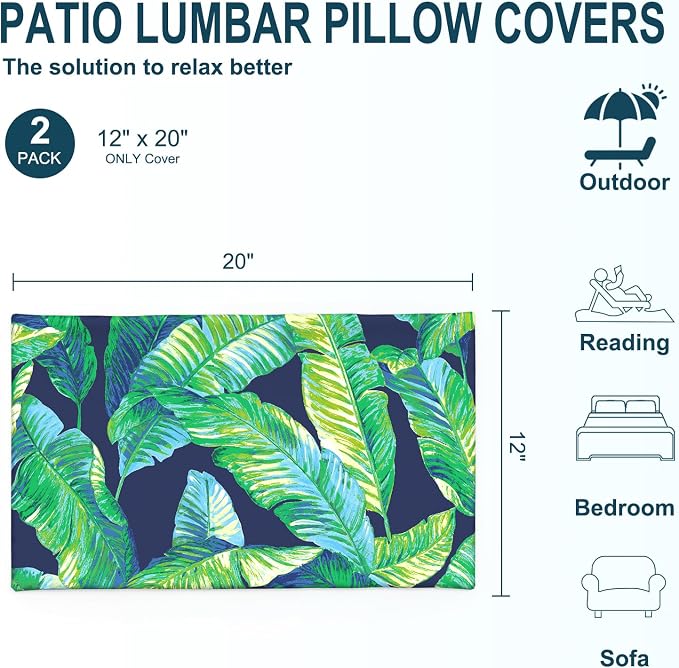 DYTXIII Pack of 2 Outdoor Waterproof Lumbar Pillow Covers ONLY, 12x20 Rectangle Decorative Double Printed Pillow Cases for Patio Couch Porch Furniture - Hanalei Lagoon