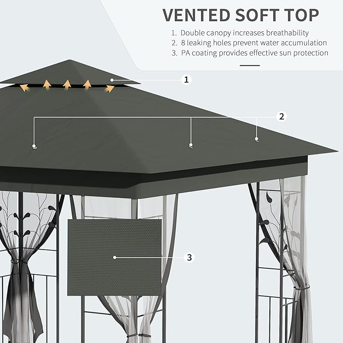 Outsunny 10' x 10' Metal Patio Gazebo, Double Roof Outdoor Gazebo Canopy Shelter with Tree Motifs Corner Frame and Netting, for Garden, Lawn, Backyard, and Deck, Gray
