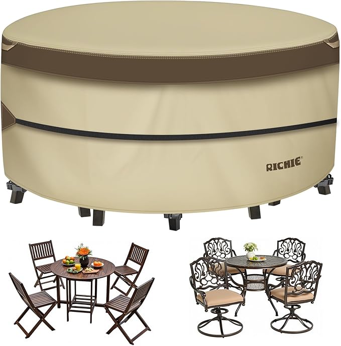 RICHIE Outdoor Patio Furniture Cover - Heavy Duty Waterproof 600D Tough Canvas Protector for Round Table Cover, All-Season Dining Table and Chair Cover (72"DIAx28"H)