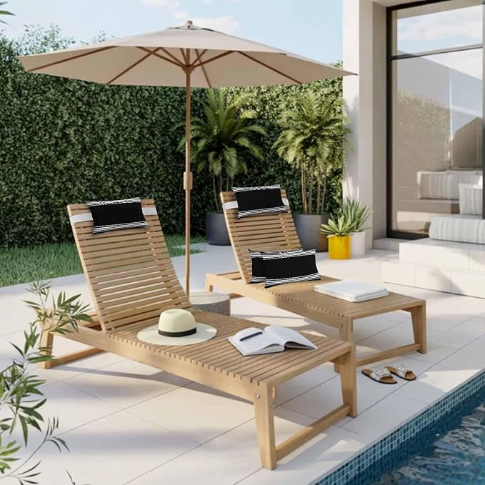 Black White Stripes Chaise Lounge Head Pillow, Abstract Geometric Waterproof Outdoor Chair Pillow with Strap&Insert for Garden Beach Pool Recliner, 11x16in, 1PCS