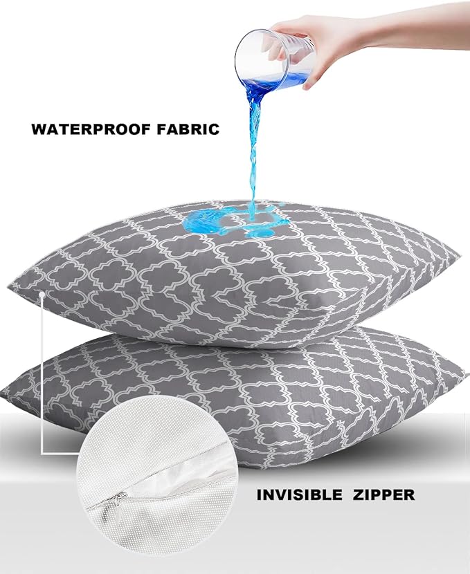 Outdoor Waterproof Pillow Covers for Patio Furniture Moroccan Pattern Decorative Throw Pillow Cover Geometric Trellis Grey Pillowcases Set of 2 Cushion Case for Sofa Couch Chair Home Decor 26x26 inch