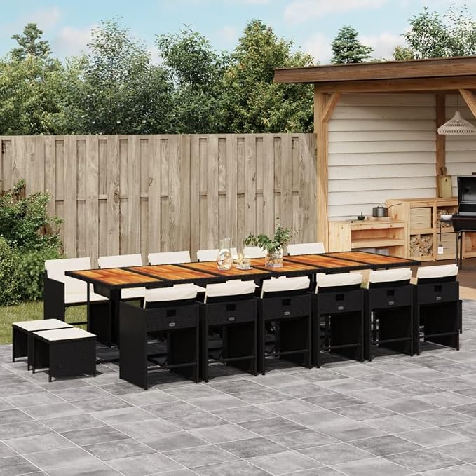 17-Piece Outdoor Dining Set, Black PE Rattan Patio Furniture with Large Acacia Wood Table, 12 Space-Saving Folding Chairs and 4 Stools with Cream White Cushions for Garden Backyard