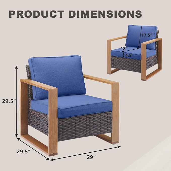 Rilyson Wicker Outdoor Patio Chairs Set of 2, Rattan Patio Furniture Chairs with Sturdy Frame,All-Weather PE Wicker,Wide Armrest,Deep Seating and Thick Cushions for Deck Porch Garden(Brown/Blue)