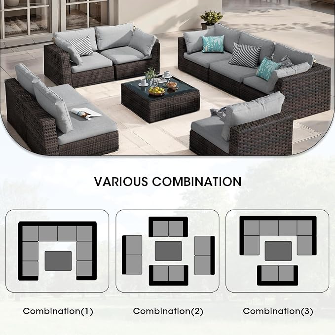 9 Piece Patio Furniture Set All Weather PE Rattan Outdoor Sectional Sofa Couch with No-Slip Cushions and Glass Top Table for Garden, Poolside, Backyard (Black)