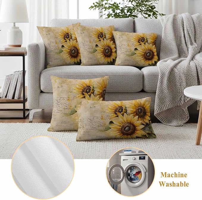 Retro Sunflower Outdoor Waterproof Throw Pillow Covers Set of 2, 20"x20", Pastoral Floral Painting Newspaper Background Decorative Pillow Covers Outside Cushion Case for Patio Porch Garden