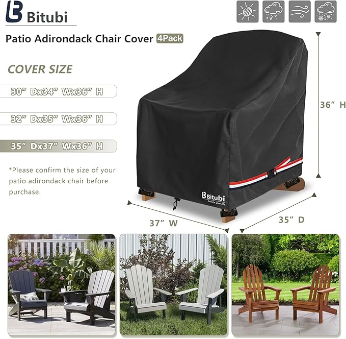 Bitubi Waterproof 4 Pack Patio Adirondack Chair Cover for Outdoor Chair Size Up to 35W x 37D x 36H inch,Outdoor Lawn Patio Furniture Covers (Black)