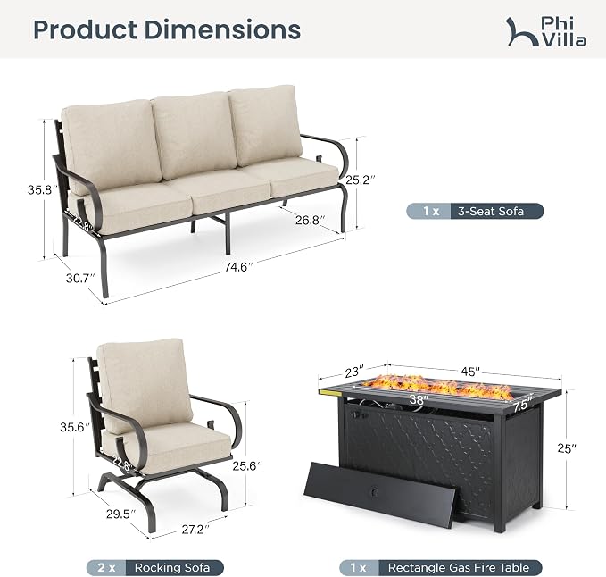 PHI VILLA Patio Furniture Set, 3-Seater Sofa, 2 Rocking Chairs and a 45" Fire Pit Table, Outdoor Metal Conversation Set with 5.75" Extra Thick Cushion for Garden Backyard Deck, Beige
