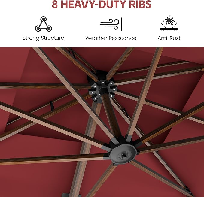GENTEACO 10x13FT Wood Pattern Cantilever Patio Umbrella, Double Top Rectangle Offset Umbrella 7 Angle Tilts & 360° Rotation, Large Heavy Duty Outdoor Sun Umbrella for Pool Market, Red
