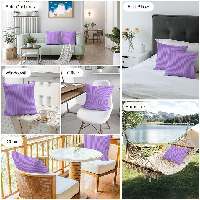 Throw Pillow Covers 20x20 Inch Set of 2, Purple Striped Waterproof Outdoor Cushion Covers, Geometric Pink Vertical Solid Rainbow Decorative Pillowcases for Couch, Sofa, Bed, Garden, Patio