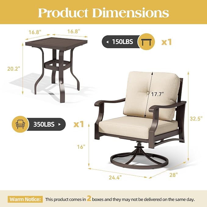 Outdoor Swivel Rocking Chairs, 3 Piece Metal Patio Rocker Chair w/Coffee Table, Aluminum Patio Bistro Furniture Set with 5" Thickened Cushions for Porch, Yard, Balcony, Beige