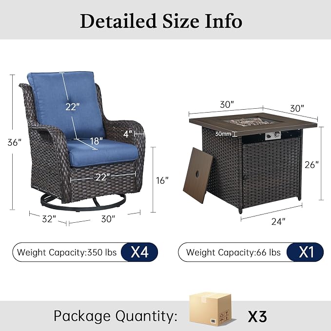Wicker Patio Furniture Set- 4 Pieces Outdoor Swivel Rocker Chairs with 50,000 BTU Fire Pit Table,PE Rattan Outdoor Conversation Set for Garden Porch Deck