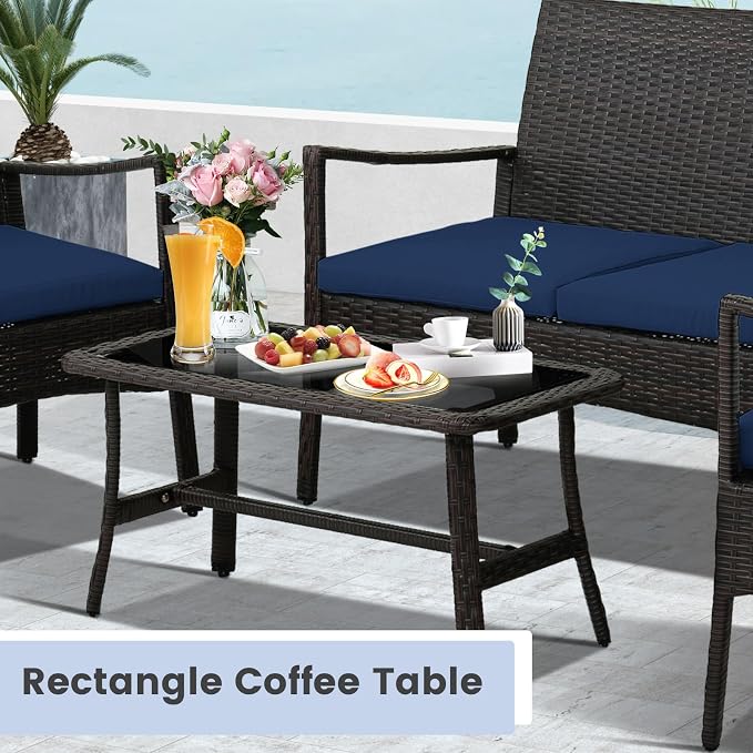 Tangkula 8 Pieces Outdoor Conversation Set, Patio PE Wicker Sofa with Tempered Glass Coffee Table, Soft Seat Cushions Included, Modern Rattan Chair Table Set for Porch, Backyard (2, Navy)