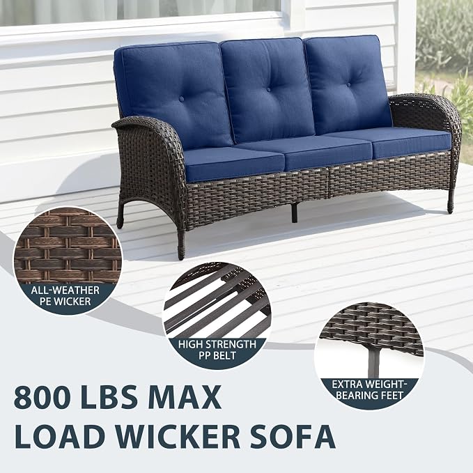 7 Piece Patio Furniture Set - Wicker Patio Conversation Set with Swivel Glider, 3 Seat Sofa, 2 Ottomans, Glass Side Table and Coffee Table for Deck Backyard - Brown Wicker Blue Cushion