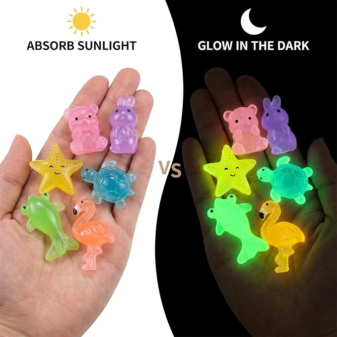 100 Pcs Mini Resin Animals Blind Bags, Glow in The Dark & Glitter Mystery Animals, Individually Wrapped Tiny Luminous Miniatures for Fairy Garden, Micro Landscape, DIY Crafts